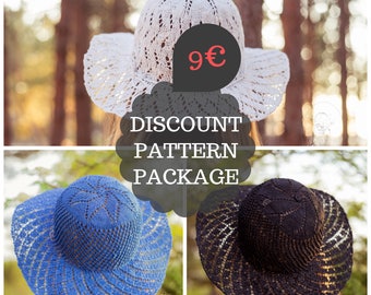DISCOUNT PATTERN PACKAGE %: 3 Knitted Cottonwool Summer Hats / Summer Hat Patterns / Knitting Pattern Sale / Blue, Black and White Sun Hat