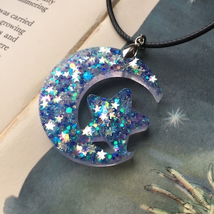Blue Star Glitter Crescent Moon Star Pendant