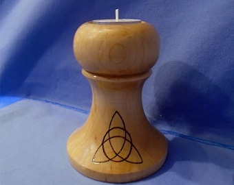 Handmade Wooden Tea-Light Holder with a  *Triquetra*  This is an Ancient Celtic, Pagan, Wiccan, Goddess Symbol.