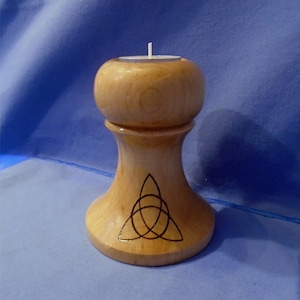 Handmade Wooden Tea-Light Holder with a  *Triquetra*  This is an Ancient Celtic, Pagan, Wiccan, Goddess Symbol.