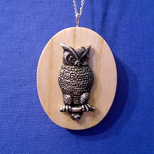 Handmade Wooden Oval  Pendant with A Pewter *Owl on a Branch. Comes on an 18&quot; Chain.