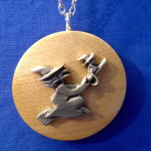 Handmade Wooden Pendant with A Pewter *Witch & Cat on a Broomstick* Comes on an 18&quot;Chain.
