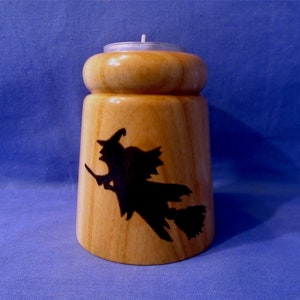 Handmade Wooden Tea-Light  Holder with  *A Witch Flying on her Broomstick*   Witch, Pagan, Wiccan.