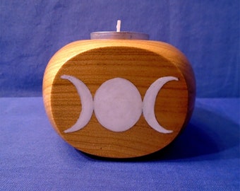 Handmade & Hand-Painted Wooden Tea-Light Holder with the  *Triple Moon*