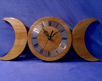 Handmade Wooden  *Unique Triple Moon* *Wall Clock* made in Oak, will look lovely hanging on a wall in any room, also makes a wonderful Gift.