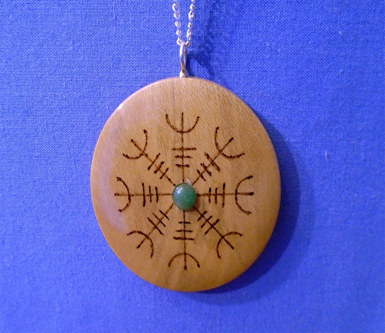 complete with an 18 chain Handmade Wooden *Viking Helm Of Awe Pendant* with an Aventurine Gemstone Cabochon Comes in a Presentation box.