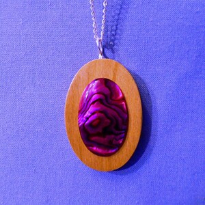 Handmade Wooden Oval Pendant *With a Choice of Abalone Shell*    *With an 18&quot; Chain.
