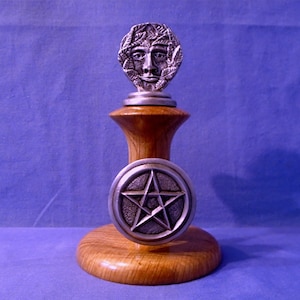 Handmade Wooden * Ornament with a *Pewter Green Man & Pentagram*    Pagan/Wiccan/Druid.