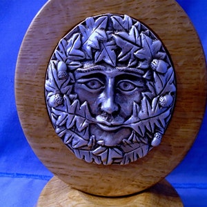 Handmade Wooden Ornament with a Pewter Green Man He is full of wonderful detail. Pagan/Wiccan/Druid image 2