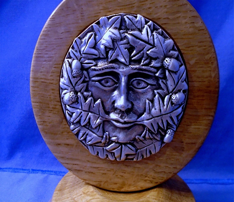 Handmade Wooden Ornament with a Pewter Green Man He is full of wonderful detail. Pagan/Wiccan/Druid image 2