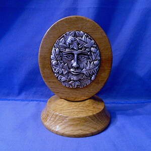 Handmade Wooden Ornament with a Pewter Green Man He is full of wonderful detail. Pagan/Wiccan/Druid image 1