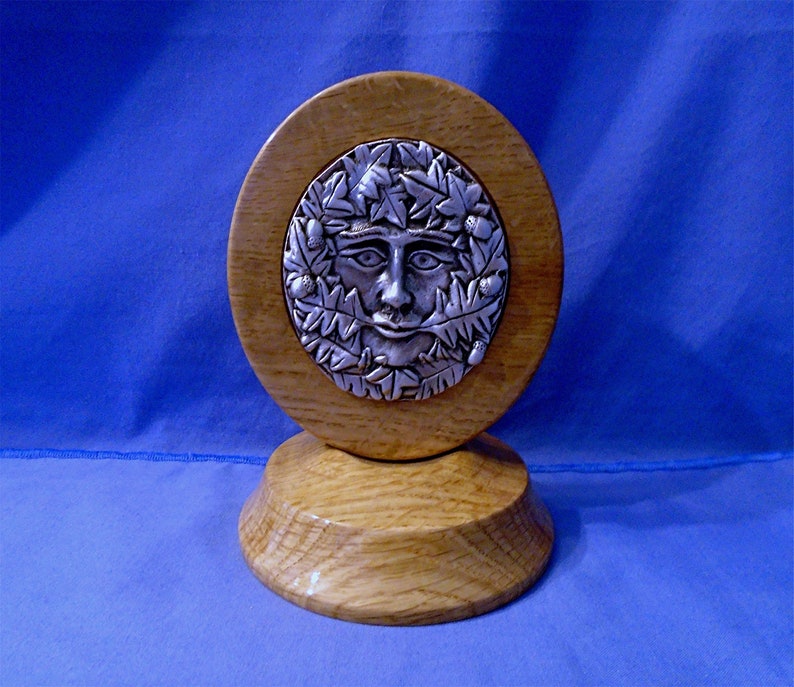 Handmade Wooden Ornament with a Pewter Green Man He is full of wonderful detail. Pagan/Wiccan/Druid image 1