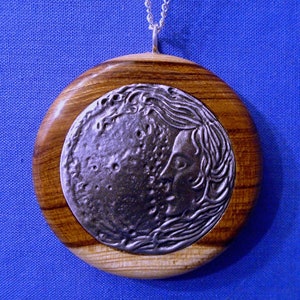 Handmade Wood & Pewter Pendant  *Luna Moon Goddess*  comes on an 18&quot; Chain.