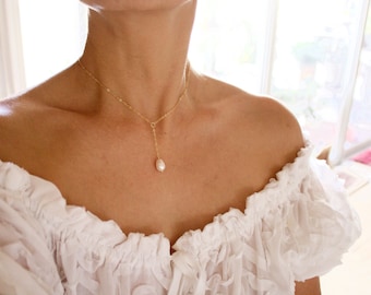 Swarovski Pearl Lariat Necklace: Gold, Silver, Rose Gold Bridal Jewelry