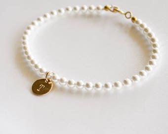 Personalized Pearl Bracelet: Engraved Disc Charm, Bridesmaid Jewelry
