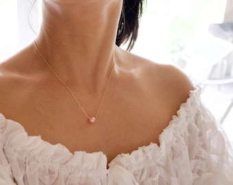 Gold Peach Swarovski Pearl Necklace: Dainty Floating Pearl
