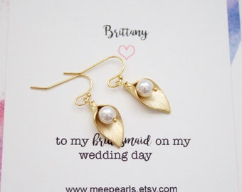Gold Calla Lily Pearl Earrings: Bridal Party Gift