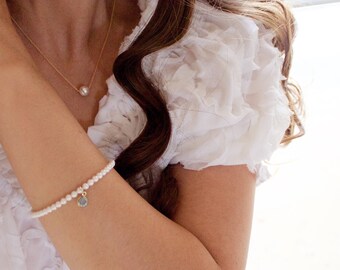 Pearl Beaded Bracelet: Personalized Birthstone Charm, Wedding Jewelry