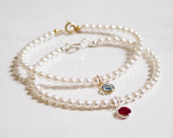 Pearl Birthstone Bracelet: Dainty Swarovski Crystal, Sterling Silver Clasp