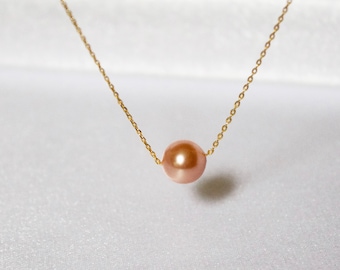Gold Peach Swarovski Pearl Necklace: Elegant Single Pearl