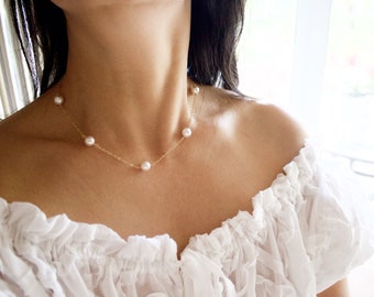 Gold Pearl Necklace: Swarovski Crystal Pearl, Bridesmaid Jewelry