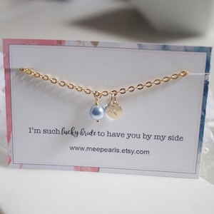 Personalized Pearl and Initial Disc Bracelet//Initial Charm Bracelet//Bridesmaid Bracelet//Bridal party Bracelet//Light Blue Pearl Bracelet