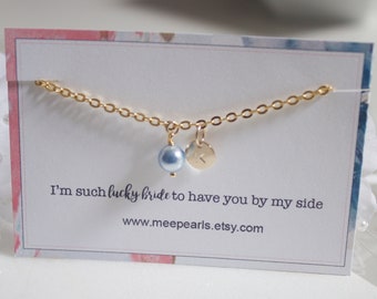 Bracciale con disco iniziale personalizzato: perla Swarovski, gioielli per damigelle d'onore