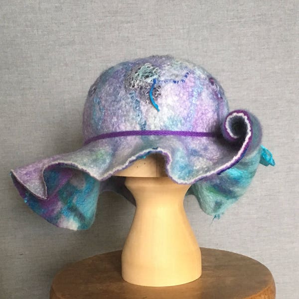 Warm winter hat, nuno felted with silk, cotton and merino wool, in different shades of blue/violet/turquoise, size 56 cm