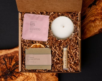 Handcrafted Spa Gift Box: Soy Candle, Soap, Clay Mask, Lip Balm
