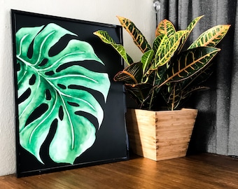Monstera leaf poster, tropical wall art, watercolor