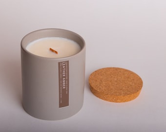 Leather amber | Handmade ceramic scented candle | Wooden wick candle | Made in New York