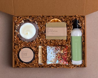 Handcrafted Self Care Gift Box, Citrus Eucalyptus Spa Set, Cozy Pamper Basket
