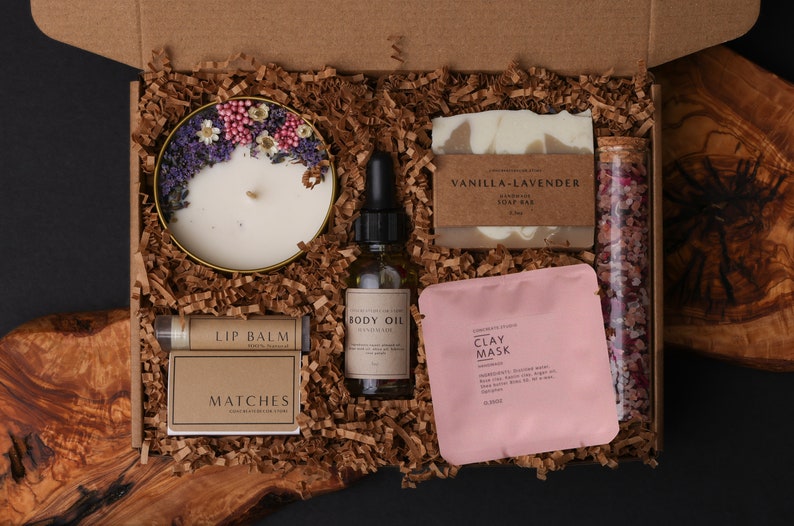 A box filled with various spa items
