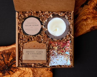 Handcrafted Spa Gift Box: Soy Candle, Soap, & Body Scrub