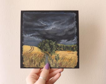 Original Artwork Storm Landscape Painting Small Oil Pastel Art on Paper