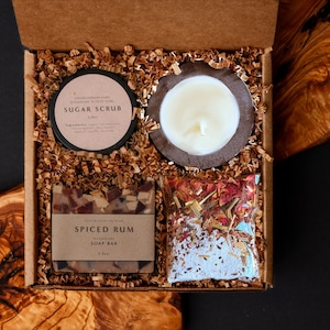 Handcrafted Self Care Gift Box: Soy Candle, Soap, Soak & Scrub