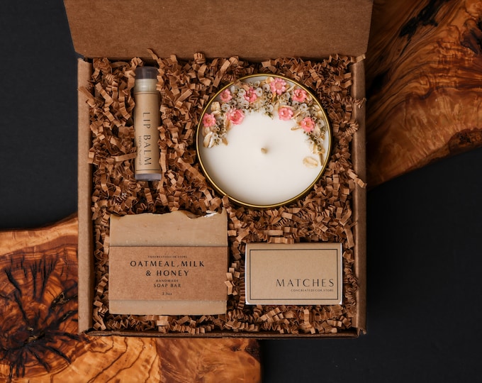 Handcrafted Spa Gift Set: Soy Candle, Soap, Lip Balm
