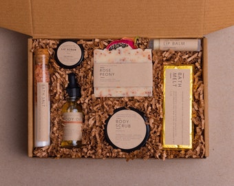 Rose Peony Spa Gift Set: Handmade Soap, Body Oil & Lip Balm
