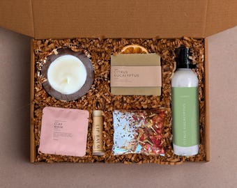 Handcrafted Self Care Gift Box: Soy Candle, Soap, & Bath Soak