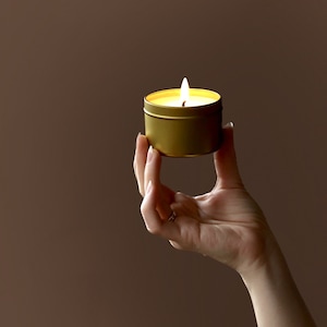 Soy-beeswax candle 3.3 oz scented candle golden steel container candle in a tin image 2