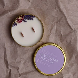 Lavender vanilla floral soy-beeswax candle 5.5 oz | scented candle | golden steel container | scented candle
