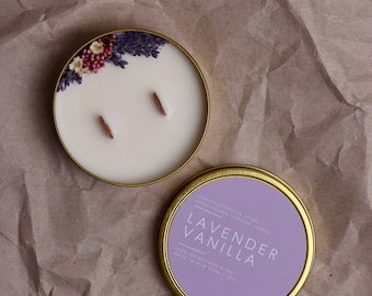 Lavender vanilla floral soy-beeswax candle 5.5 oz | scented candle | golden steel container | scented candle