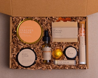 Peaches Ginger Spa Gift Set: Scented Candle, Soap, & Body Oil