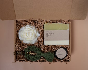 Self Care Gift Box for Mom: Peony Candle, Soap, Keychain