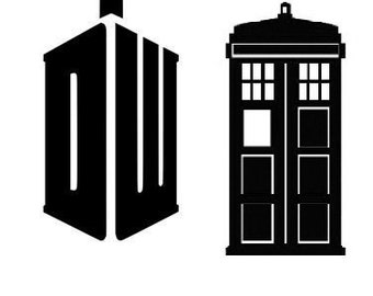 May include: Black and white silhouette of the iconic Doctor Who TARDIS, a time-traveling police box.