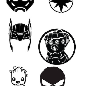 May include: Black and white silhouette images of popular superhero characters, including Ant-Man, Captain Marvel, Thor, Thanos, Groot, and the Punisher.