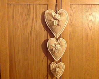 Set of three hessian hanging hearts