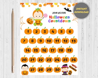 Compte à rebours d’Halloween imprimable | Jours jusqu’à Halloween | Calendrier du compte à rebours d’Halloween | Calendrier de l’Avent d’Halloween | Calendrier d’Halloween imprimable