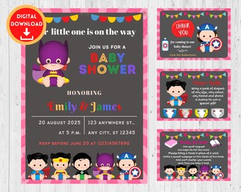 May include: A pink and black baby shower invitation with a superhero theme. The invitation features a cartoon image of a baby dressed as a superhero. The text on the invitation reads "Our little one is on the way. Join us for a baby shower. Honoring Emily & James. 20 August 2025. 123 Anywhere St., At 5 p.m. Any City, ST 12345. RSVP before June 20 at (123)4567890."