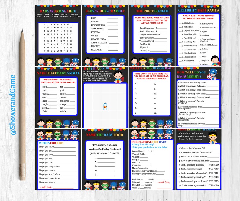 SuperHero Baby Shower Game Bundle Superhero 12 Baby Shower Game Bundle SuperHero 12 Baby Shower Game Package
